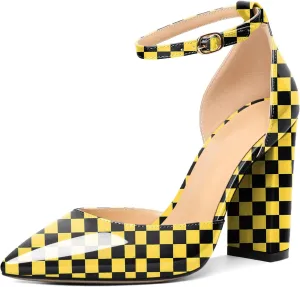 AUMOTED Women High Heel Pumps Chunky Heel Pointed Toe Patent Block Heels Ankle Strap Solid Dress Pumps Shoes 4 Inch