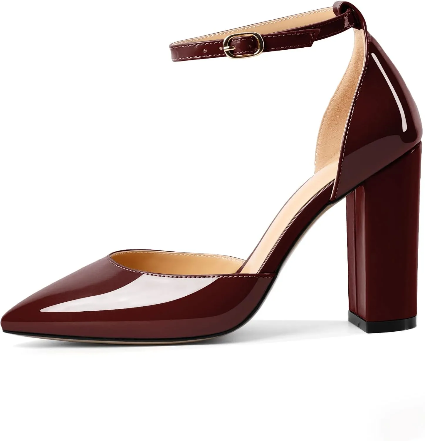 AUMOTED Women High Heel Pumps Chunky Heel Pointed Toe Patent Block Heels Ankle Strap Solid Dress Pumps Shoes 4 Inch