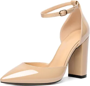 AUMOTED Women High Heel Pumps Chunky Heel Pointed Toe Patent Block Heels Ankle Strap Solid Dress Pumps Shoes 4 Inch