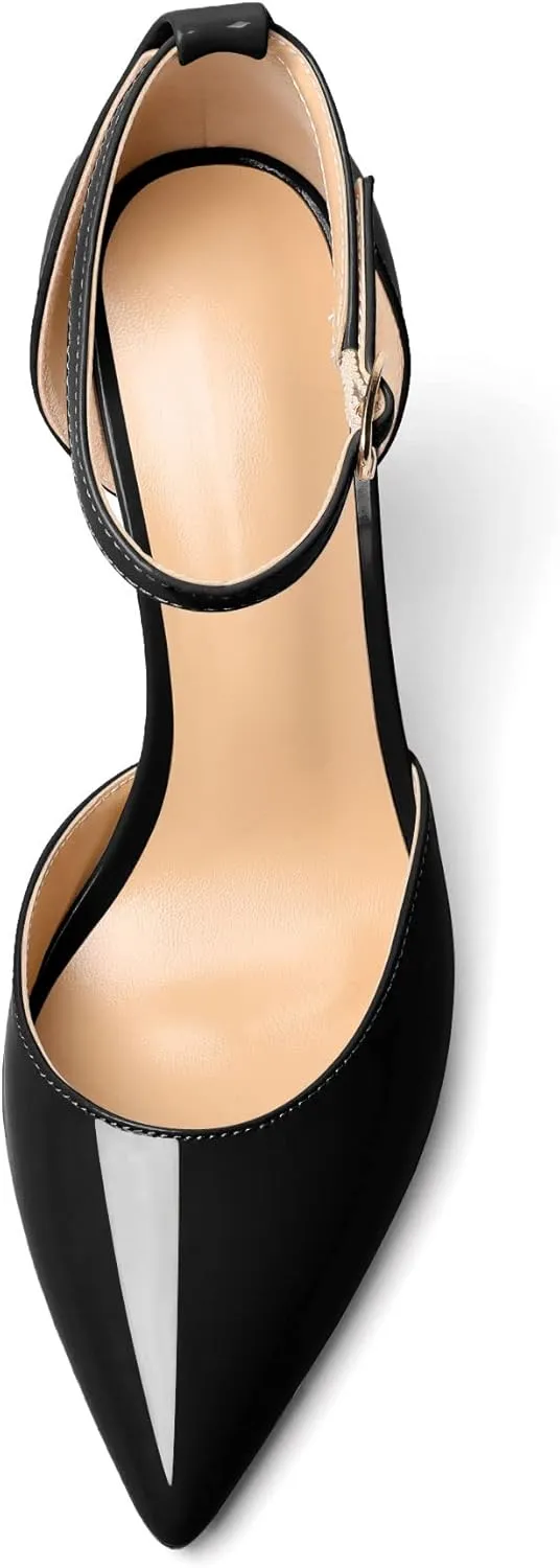 AUMOTED Women High Heel Pumps Chunky Heel Pointed Toe Patent Block Heels Ankle Strap Solid Dress Pumps Shoes 4 Inch