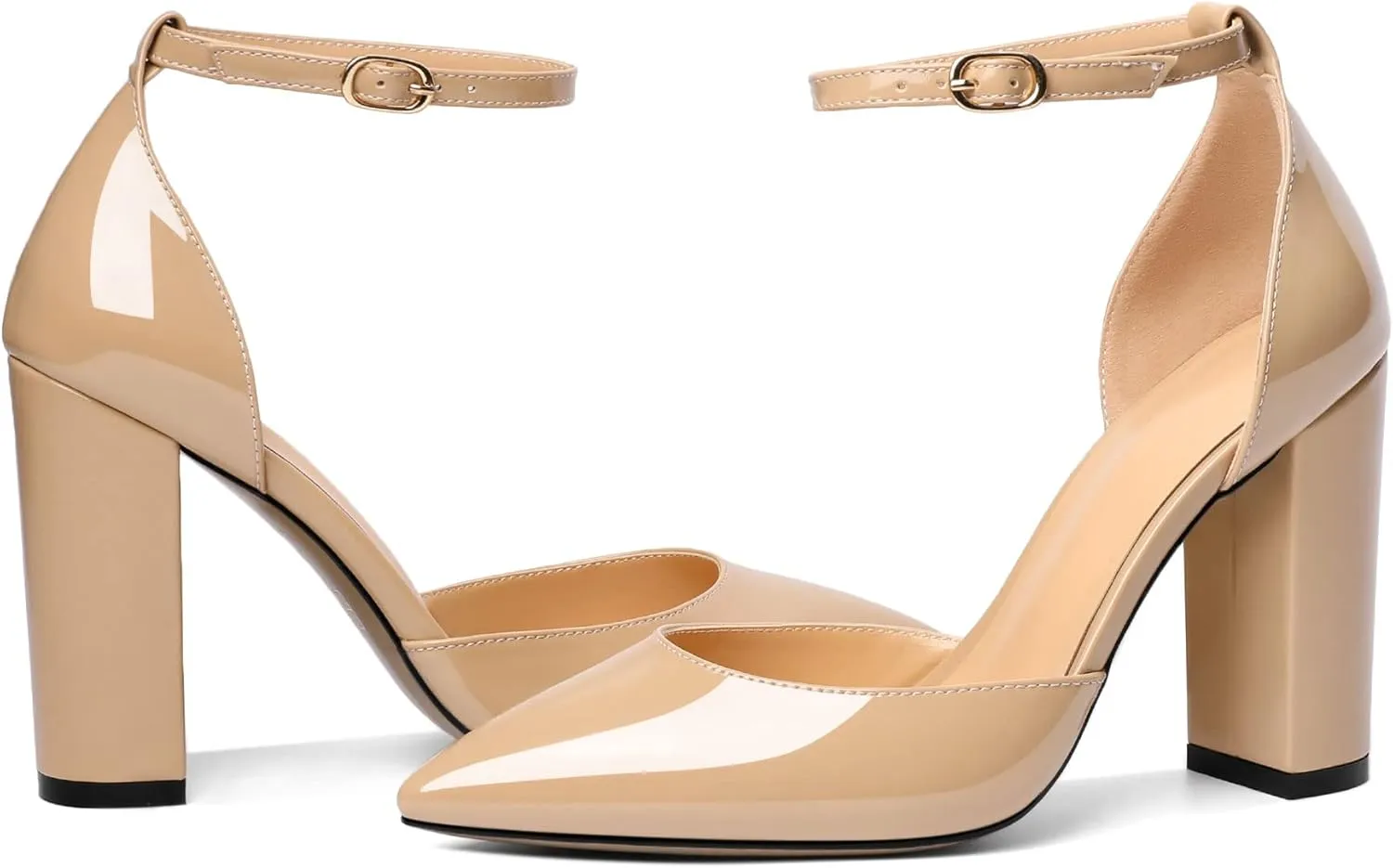 AUMOTED Women High Heel Pumps Chunky Heel Pointed Toe Patent Block Heels Ankle Strap Solid Dress Pumps Shoes 4 Inch