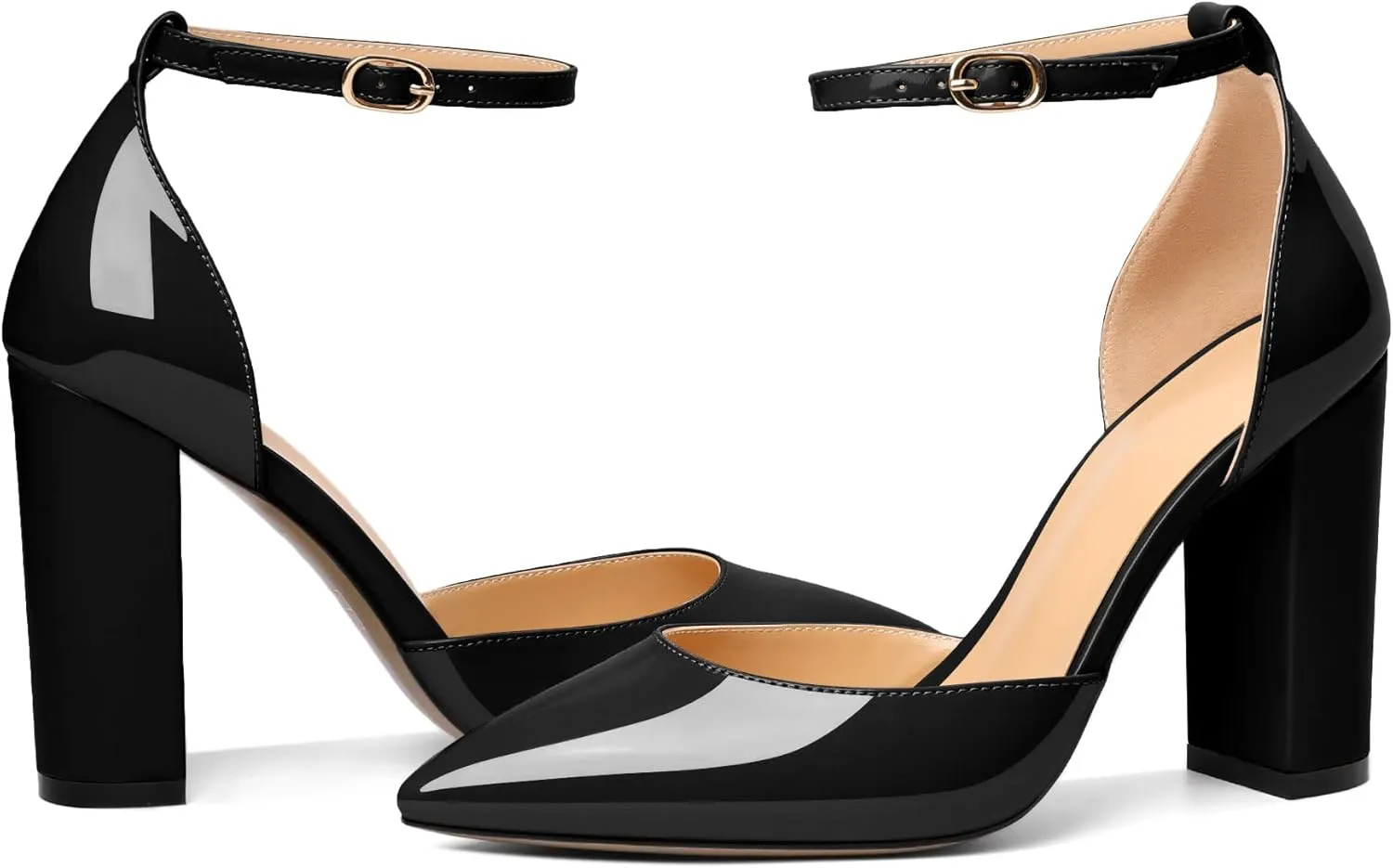 AUMOTED Women High Heel Pumps Chunky Heel Pointed Toe Patent Block Heels Ankle Strap Solid Dress Pumps Shoes 4 Inch