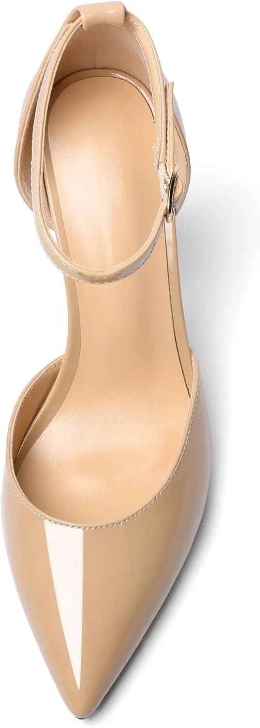 AUMOTED Women High Heel Pumps Chunky Heel Pointed Toe Patent Block Heels Ankle Strap Solid Dress Pumps Shoes 4 Inch