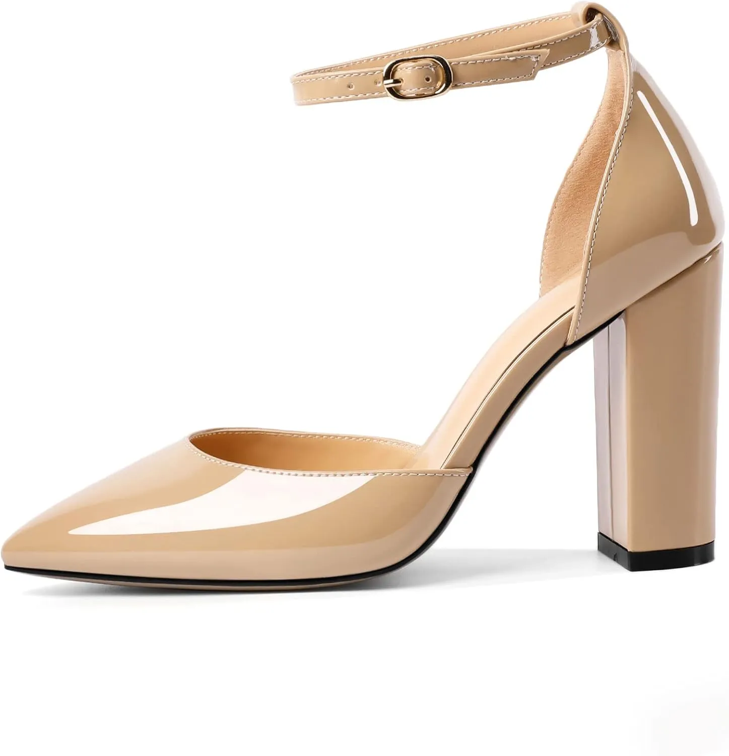 AUMOTED Women High Heel Pumps Chunky Heel Pointed Toe Patent Block Heels Ankle Strap Solid Dress Pumps Shoes 4 Inch