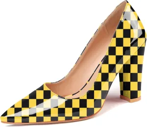 AUMOTED Women High Heel Pumps Shoes Solid Slip On Chunky Heel Block Heel Pointed Toe Work Heel