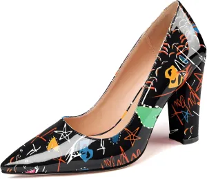 AUMOTED Women High Heel Pumps Shoes Solid Slip On Chunky Heel Block Heel Pointed Toe Work Heel