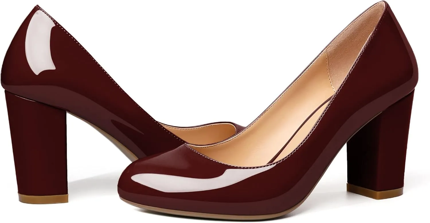 AUMOTED Women's Chunky Block High Heel Pumps Solid Round Toe Pumps Shoes 3.4 Inch Patent Dating Slip On Dress Shoes 3.4 Inch US Size 5-13