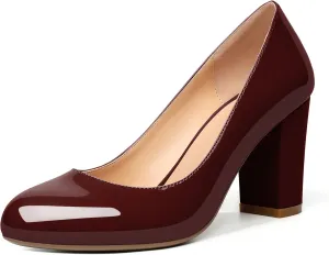 AUMOTED Women's Chunky Block High Heel Pumps Solid Round Toe Pumps Shoes 3.4 Inch Patent Dating Slip On Dress Shoes 3.4 Inch US Size 5-13