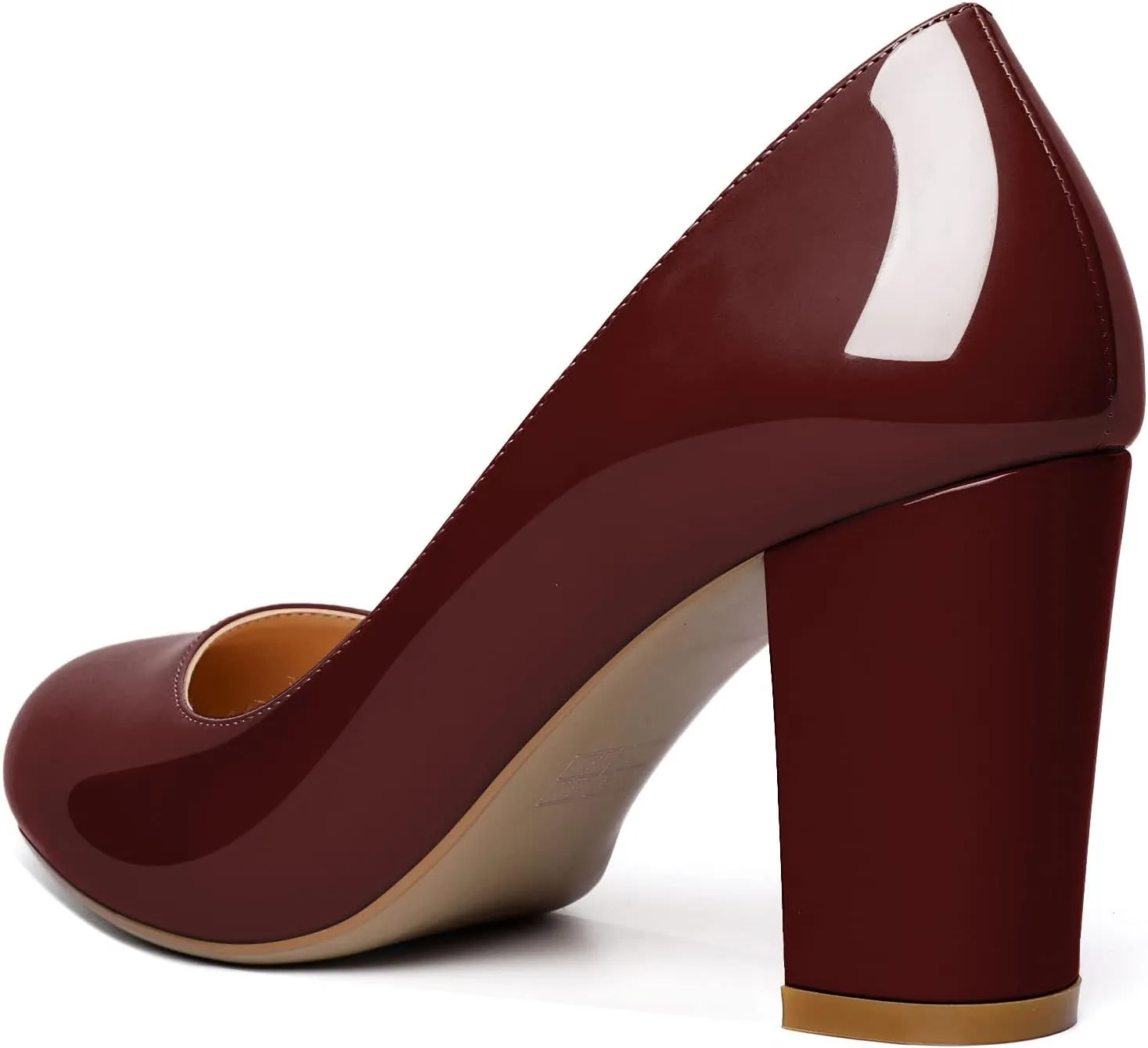 AUMOTED Women's Chunky Block High Heel Pumps Solid Round Toe Pumps Shoes 3.4 Inch Patent Dating Slip On Dress Shoes 3.4 Inch US Size 5-13