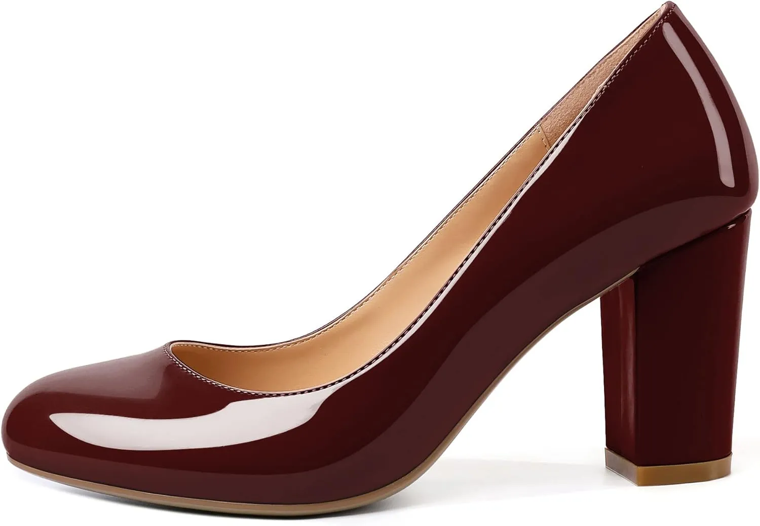 AUMOTED Women's Chunky Block High Heel Pumps Solid Round Toe Pumps Shoes 3.4 Inch Patent Dating Slip On Dress Shoes 3.4 Inch US Size 5-13