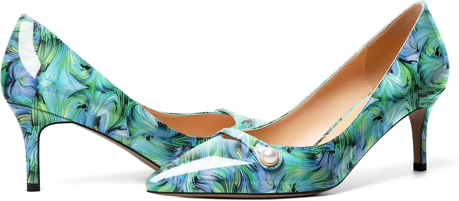 AUMOTED Womens Sexy Patent Pointed Toe Pumps Stiletto Mid Heel Pumps Slip On with Pearl Evening Wedding Dress Shoes 2.5 Inch