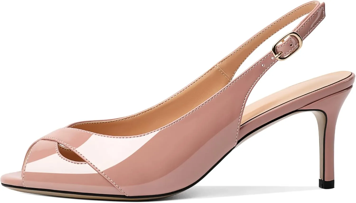 AUMOTED Womens Slingback Heels Peep Toe Stiletto Mid Heel Pumps Patent Leather Sexy Adjustable Strap Buckle Solid Dress Shoes 2.5 Inch