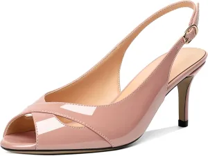 AUMOTED Womens Slingback Heels Peep Toe Stiletto Mid Heel Pumps Patent Leather Sexy Adjustable Strap Buckle Solid Dress Shoes 2.5 Inch