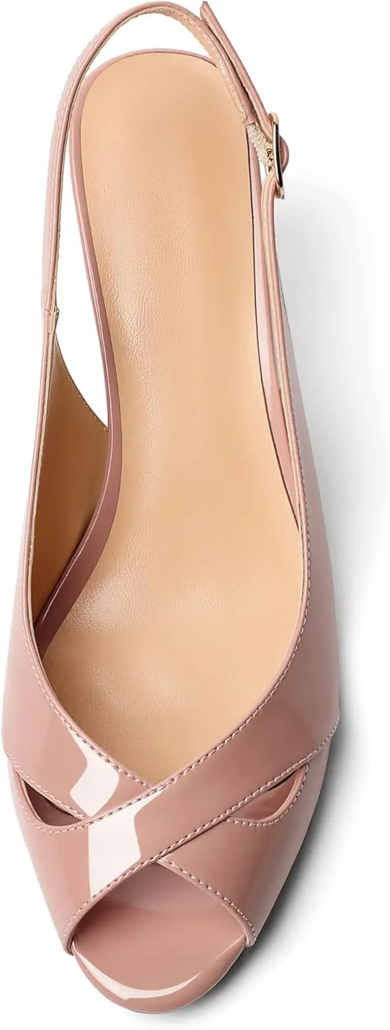 AUMOTED Womens Slingback Heels Peep Toe Stiletto Mid Heel Pumps Patent Leather Sexy Adjustable Strap Buckle Solid Dress Shoes 2.5 Inch