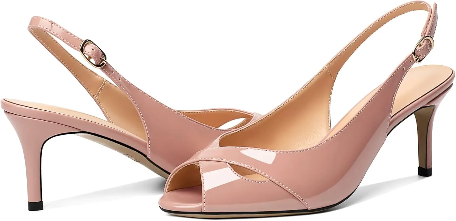 AUMOTED Womens Slingback Heels Peep Toe Stiletto Mid Heel Pumps Patent Leather Sexy Adjustable Strap Buckle Solid Dress Shoes 2.5 Inch