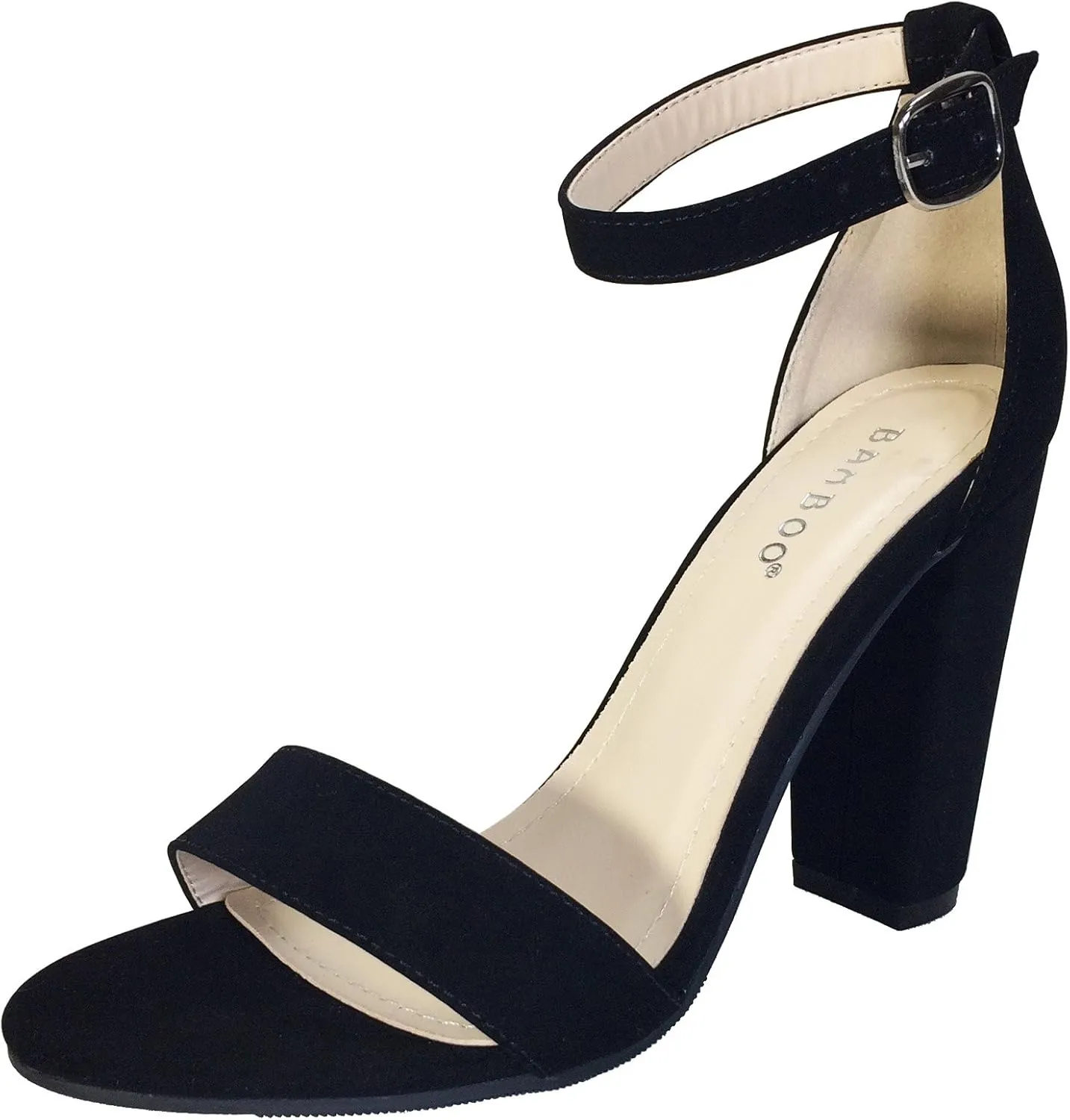 BAMBOO Women's Single Band Chunky Heel Sandal with Ankle Strap, Black White Stripe Fabric