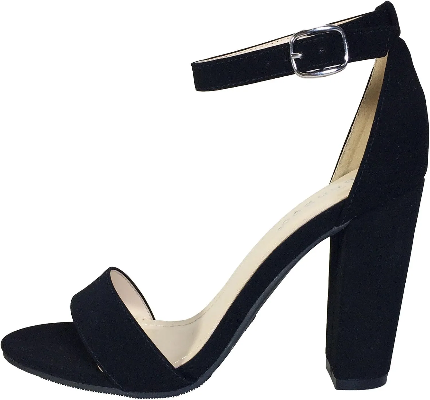 BAMBOO Women's Single Band Chunky Heel Sandal with Ankle Strap, Black White Stripe Fabric