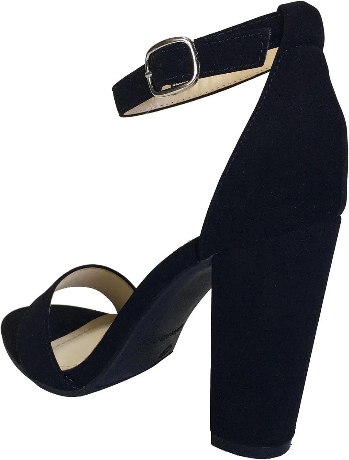 BAMBOO Women's Single Band Chunky Heel Sandal with Ankle Strap, Black White Stripe Fabric