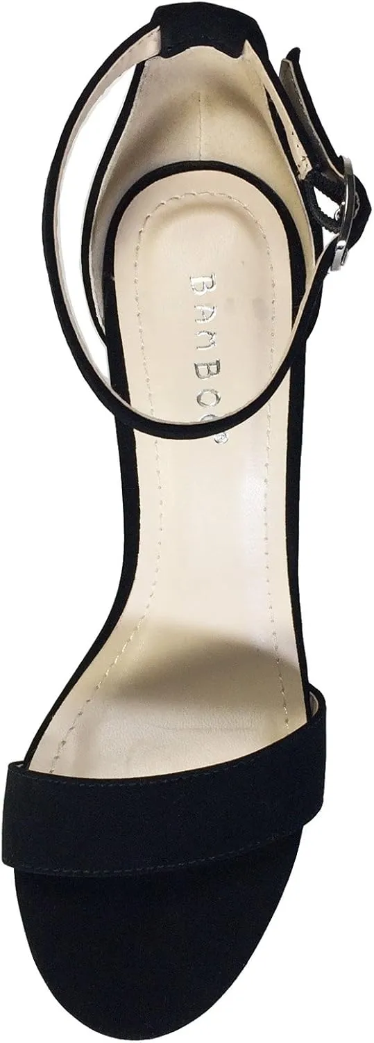 BAMBOO Women's Single Band Chunky Heel Sandal with Ankle Strap, Black White Stripe Fabric