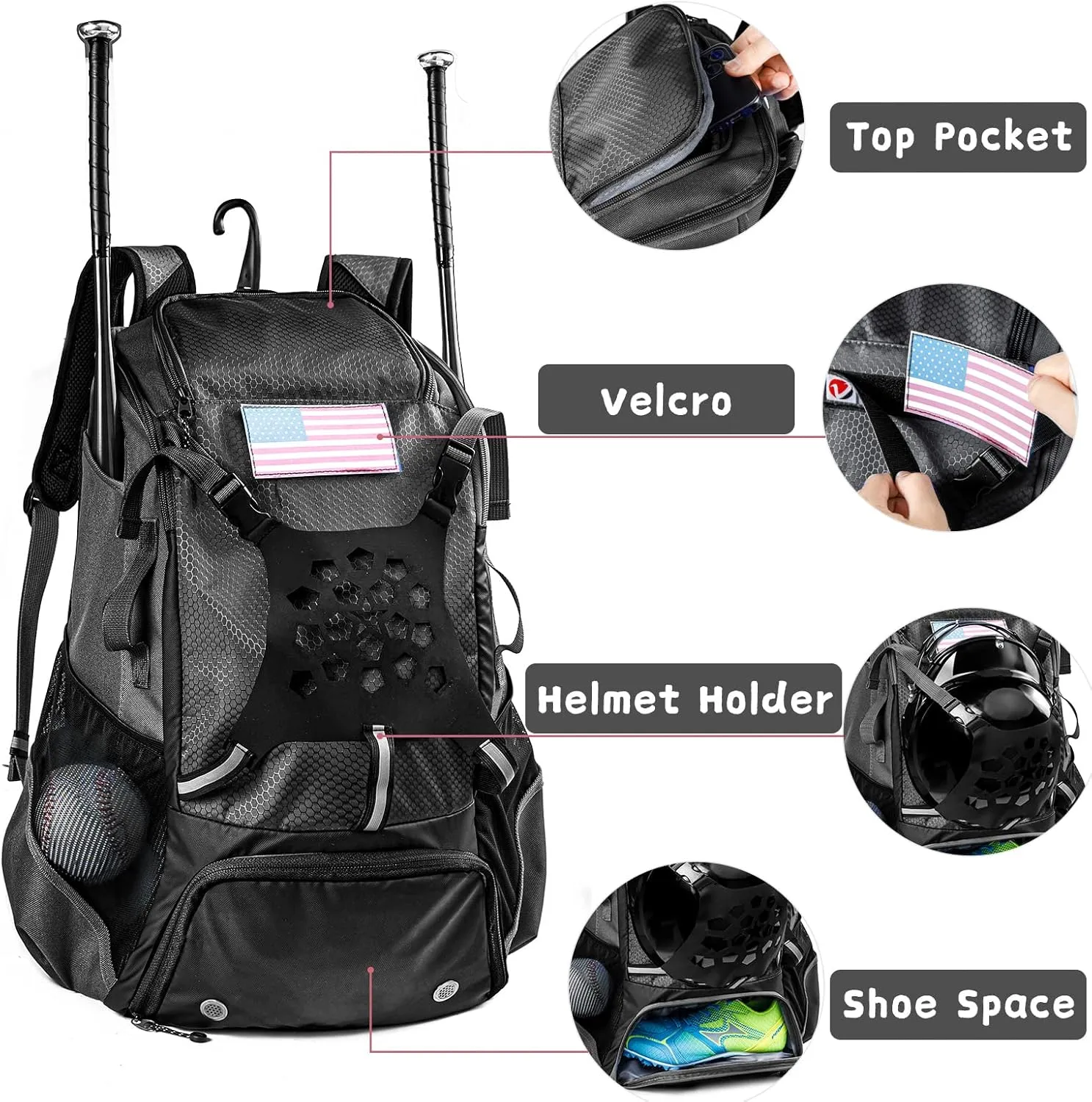 Baseball Backpack for Youth, Boys, Adults - Bat and Softball Equipment Bag With Glove Holder, Helmet, Shoes Compartment - T-Ball Accessories and Baseball Gifts