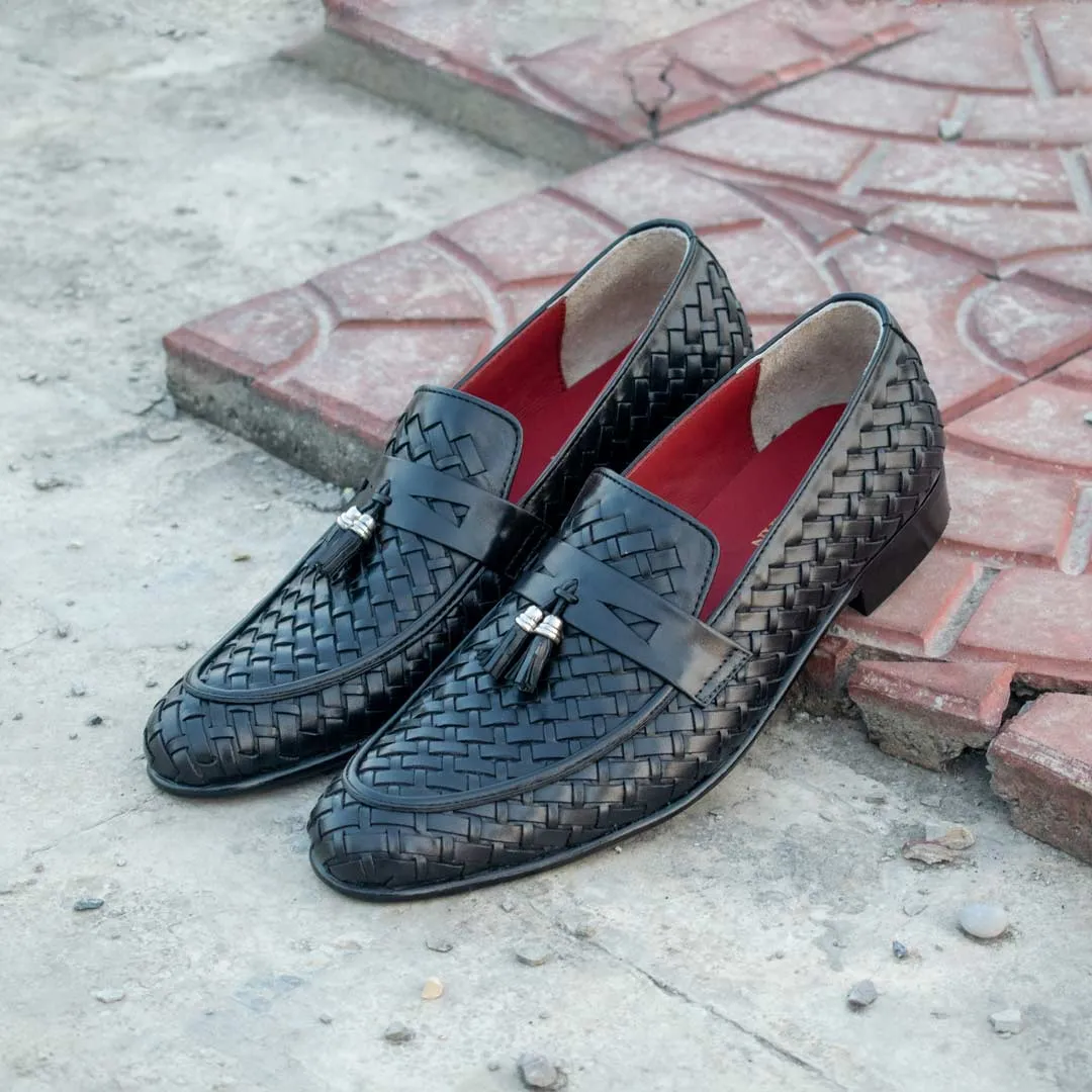 Black Knitted Tassel Loafer – Premium Leather Shoes