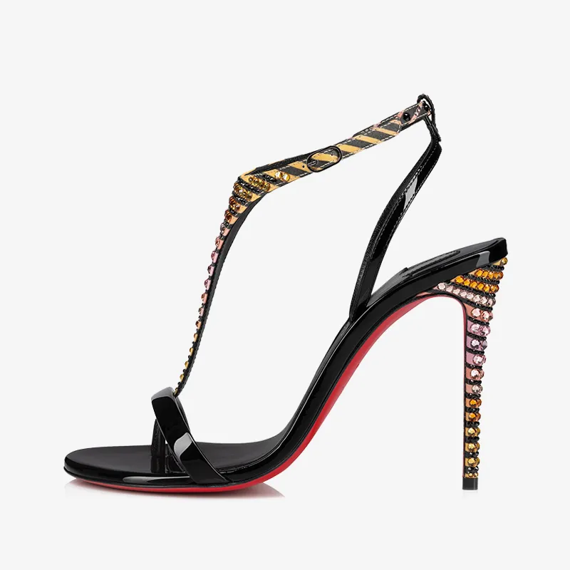 Black Patent Leather Sandal with Strass