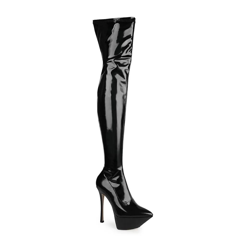 Black Pointy Toe Stiletto Heel Platform Over-the-Knee Boots