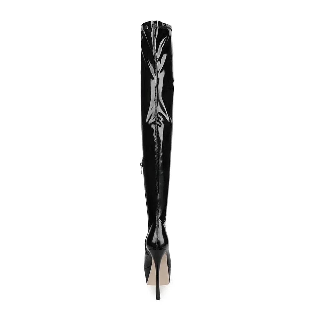 Black Pointy Toe Stiletto Heel Platform Over-the-Knee Boots
