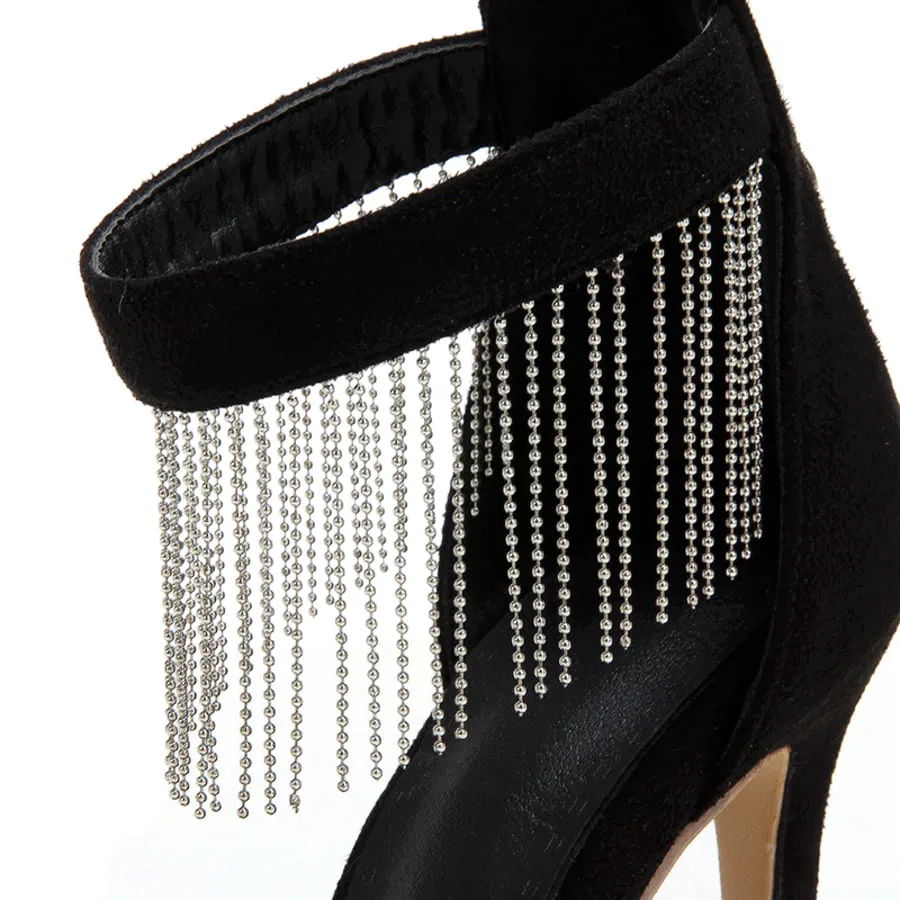 Black Suede 4'' Stiletto Heel Ankle Strap Sandals with Fringes