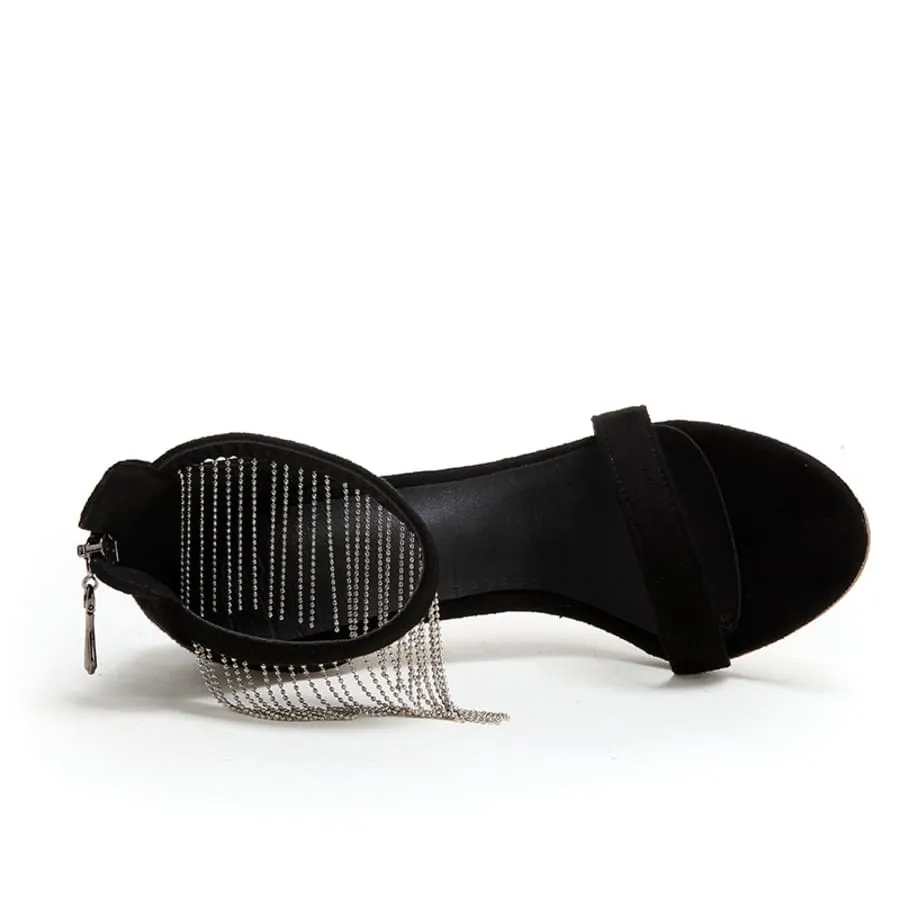 Black Suede 4'' Stiletto Heel Ankle Strap Sandals with Fringes