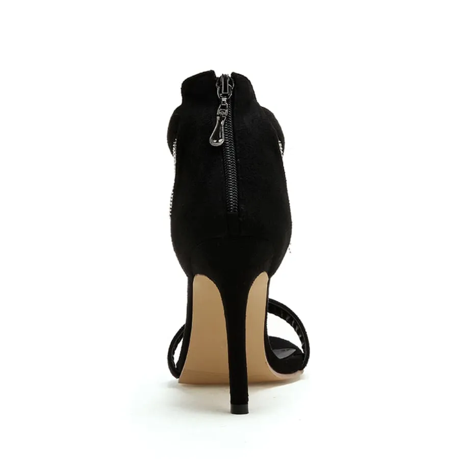 Black Suede 4'' Stiletto Heel Ankle Strap Sandals with Fringes