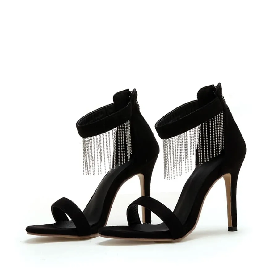 Black Suede 4'' Stiletto Heel Ankle Strap Sandals with Fringes