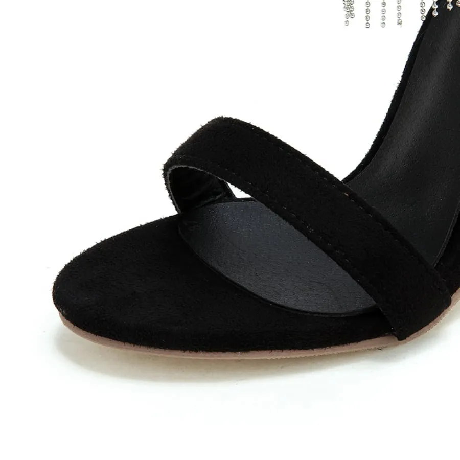 Black Suede 4'' Stiletto Heel Ankle Strap Sandals with Fringes