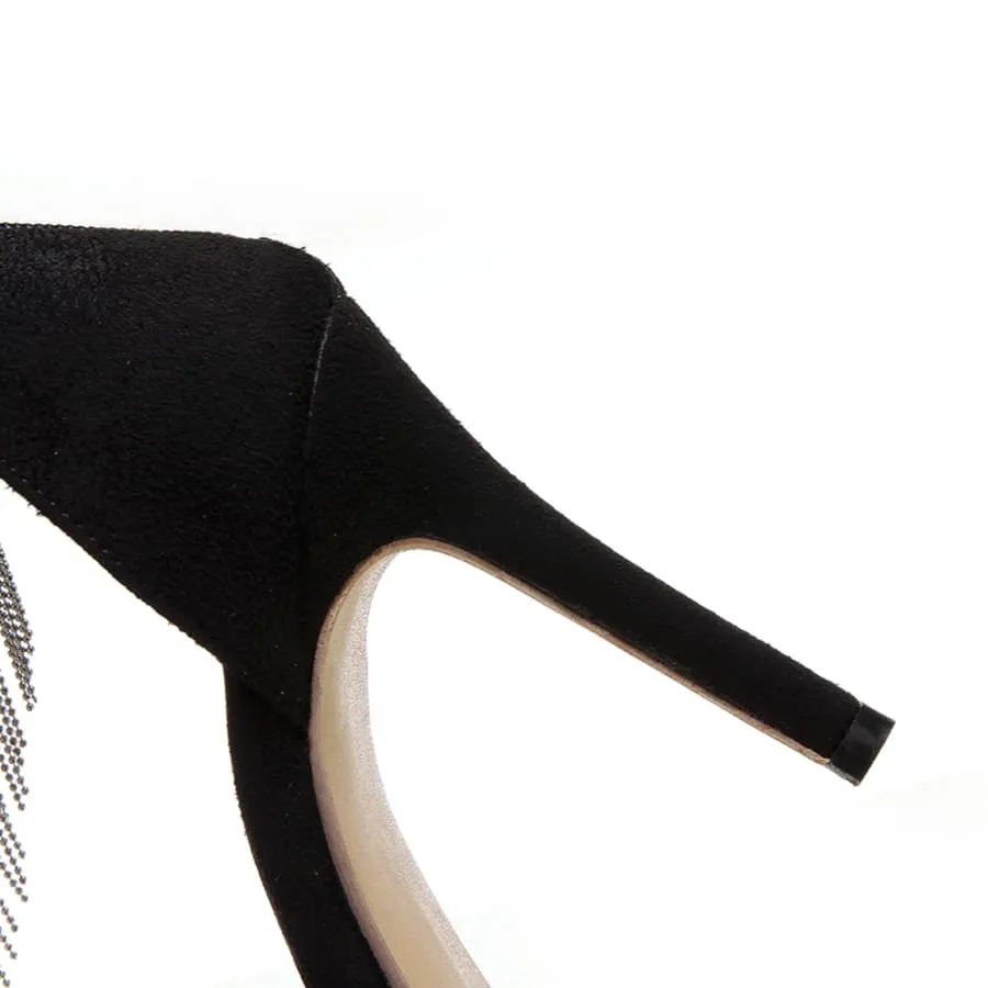 Black Suede 4'' Stiletto Heel Ankle Strap Sandals with Fringes