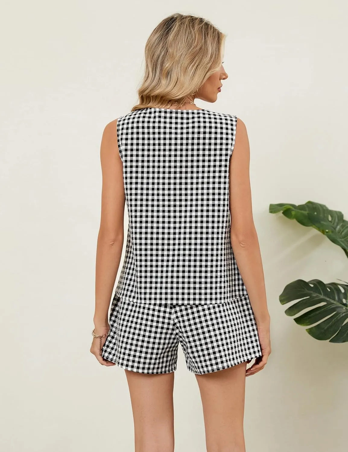 Blooming Jelly Women's Summer Two Piece Sets Vacation Outfits Matching Short Sets Linen Gingham Vest and Shorts