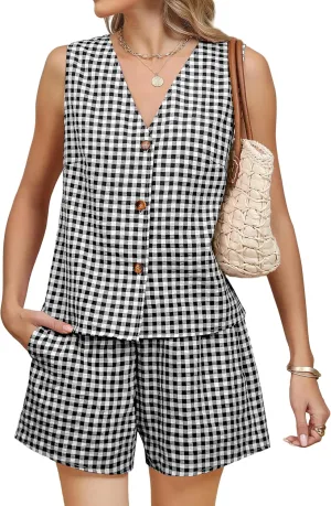 Blooming Jelly Women's Summer Two Piece Sets Vacation Outfits Matching Short Sets Linen Gingham Vest and Shorts