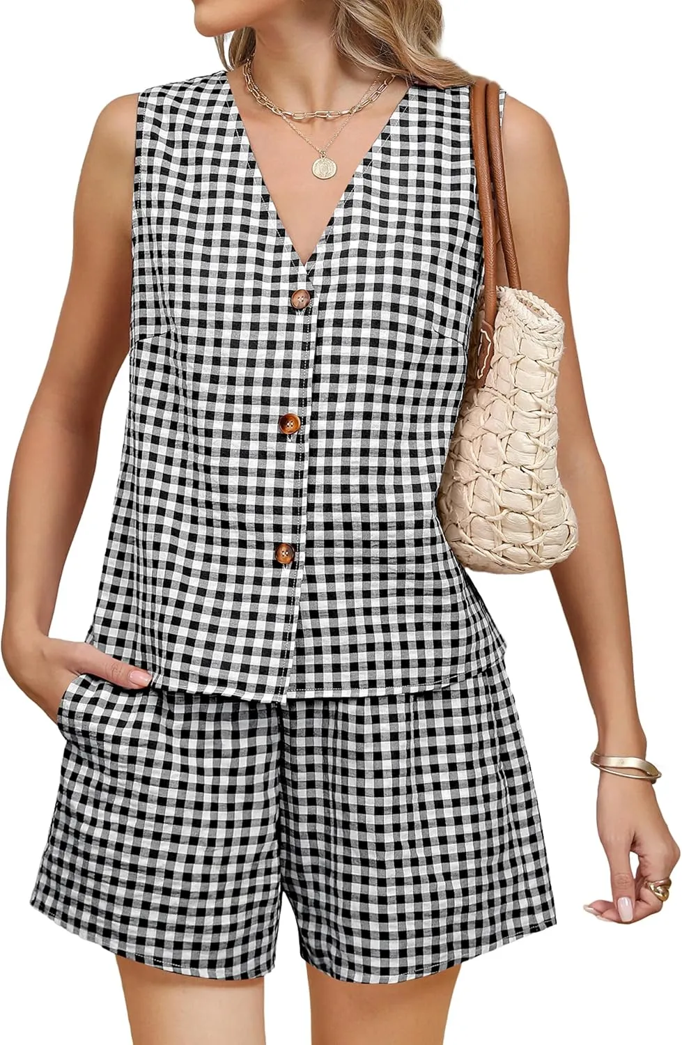 Blooming Jelly Women's Summer Two Piece Sets Vacation Outfits Matching Short Sets Linen Gingham Vest and Shorts