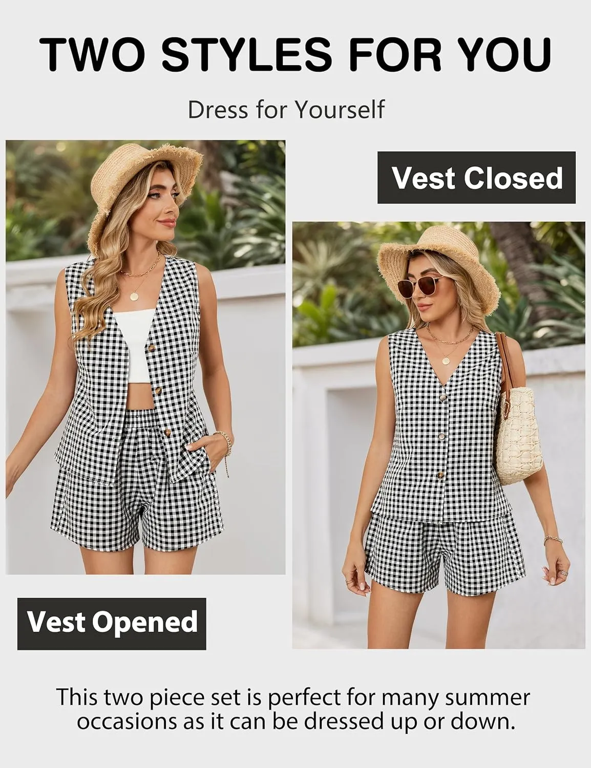 Blooming Jelly Women's Summer Two Piece Sets Vacation Outfits Matching Short Sets Linen Gingham Vest and Shorts