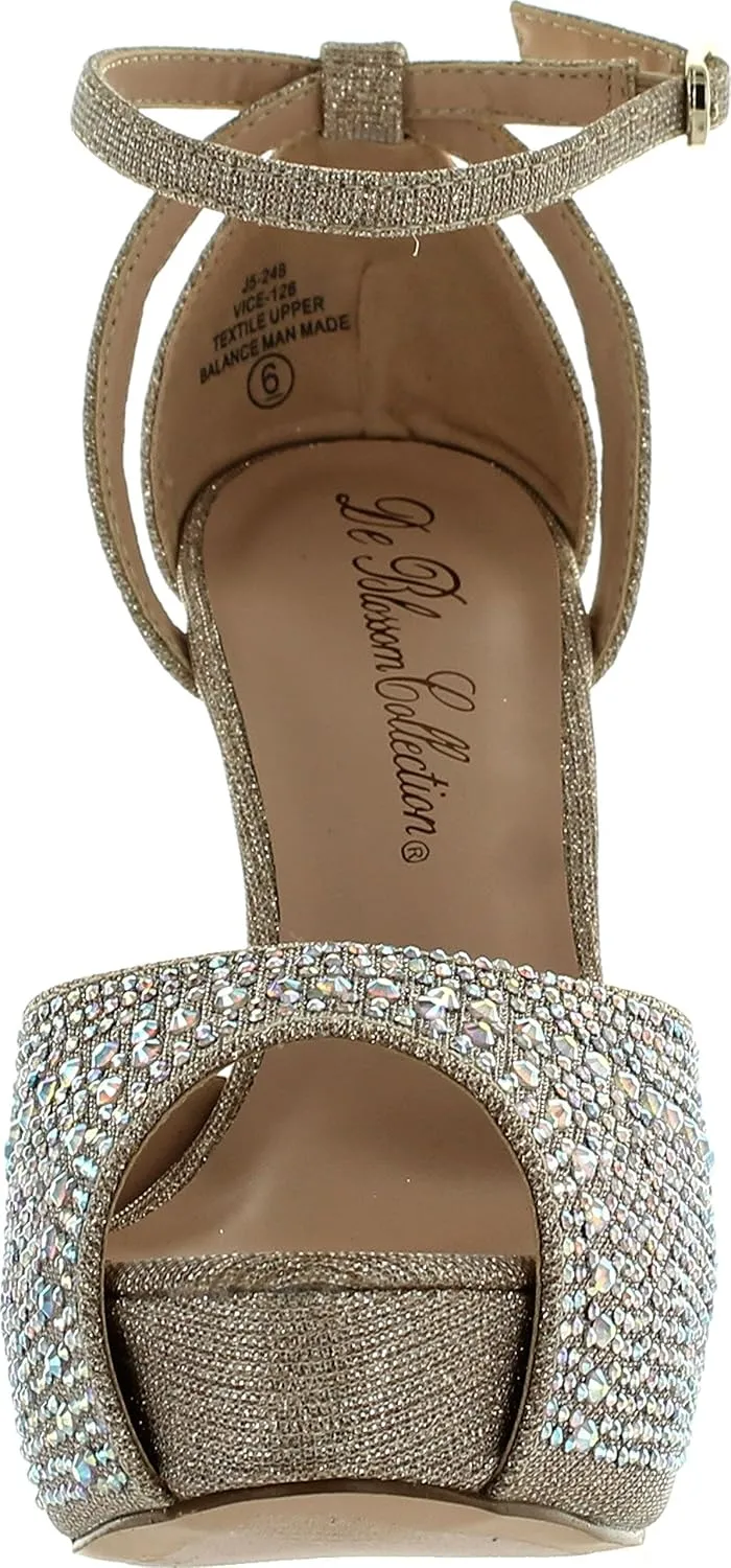 Blossom Womens Vice-126 Bridal Formal Evening Party Ankle Strap High Heel Peep Toe Glitter Sandal