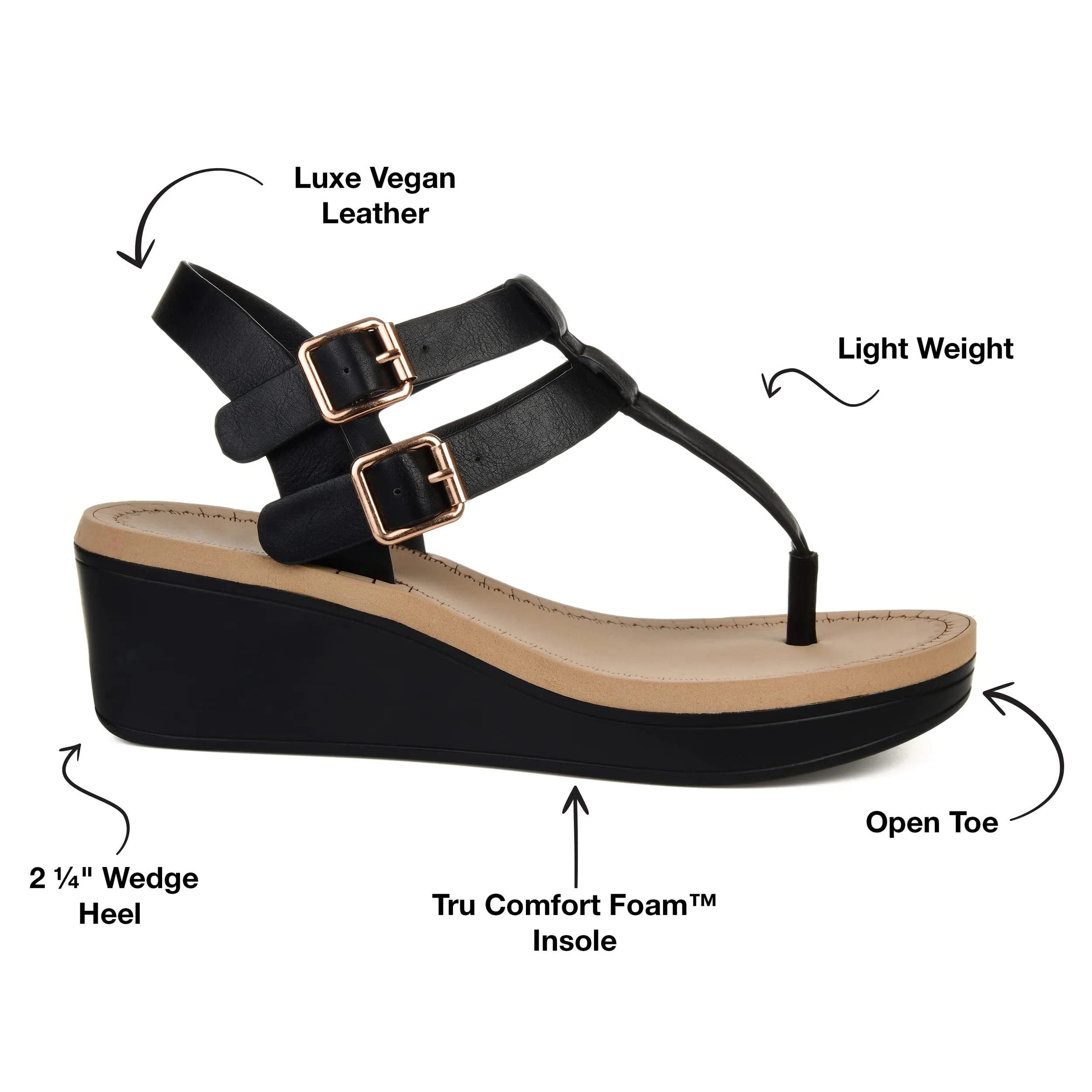 Brinley Co. Womens T-Strap Wedge Sandal Black, 5.5 Regular US