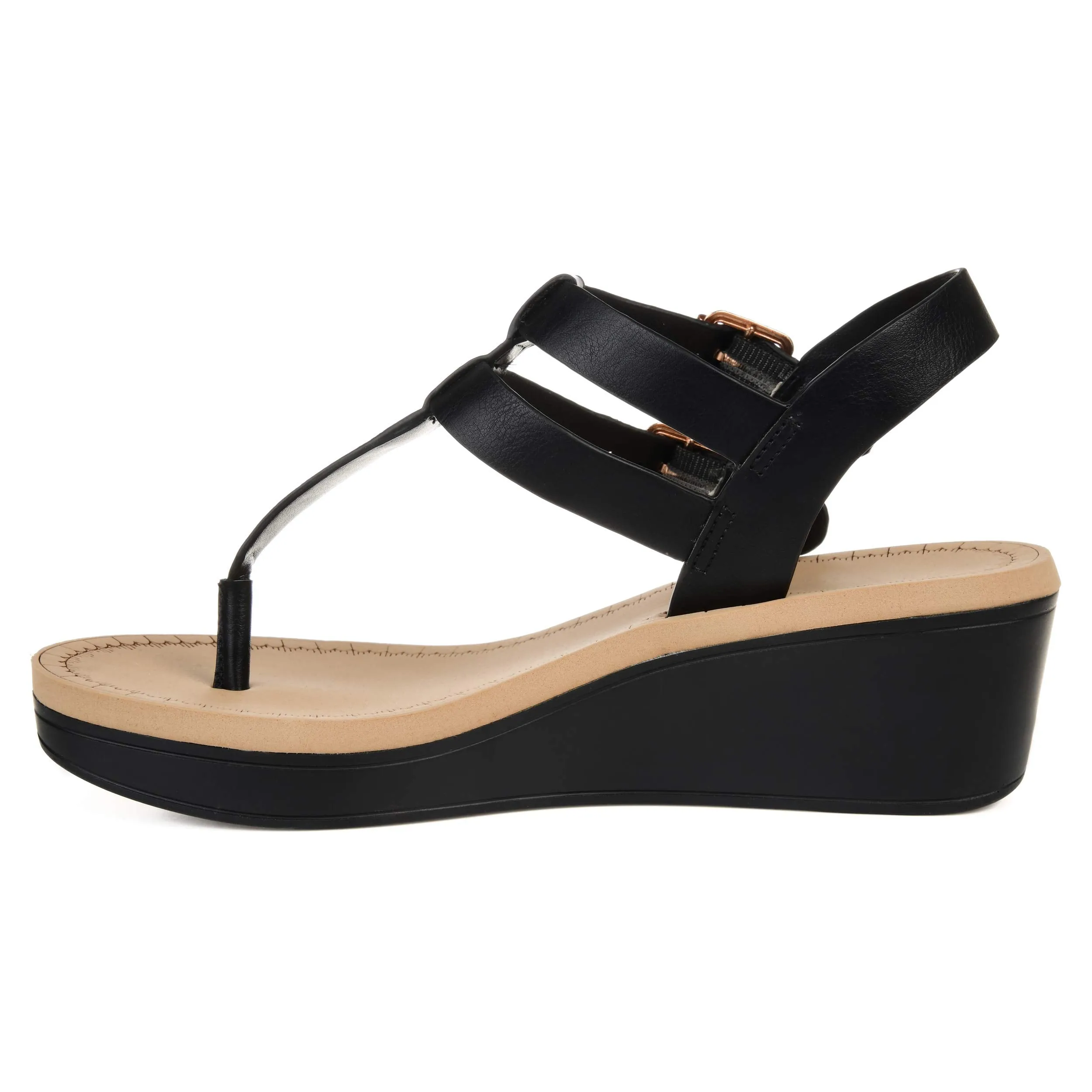 Brinley Co. Womens T-Strap Wedge Sandal Black, 5.5 Regular US