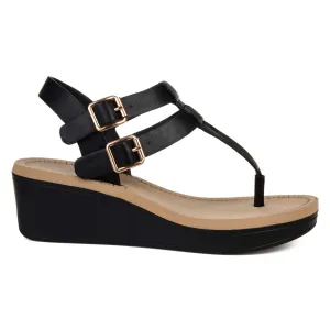 Brinley Co. Womens T-Strap Wedge Sandal Black, 5.5 Regular US