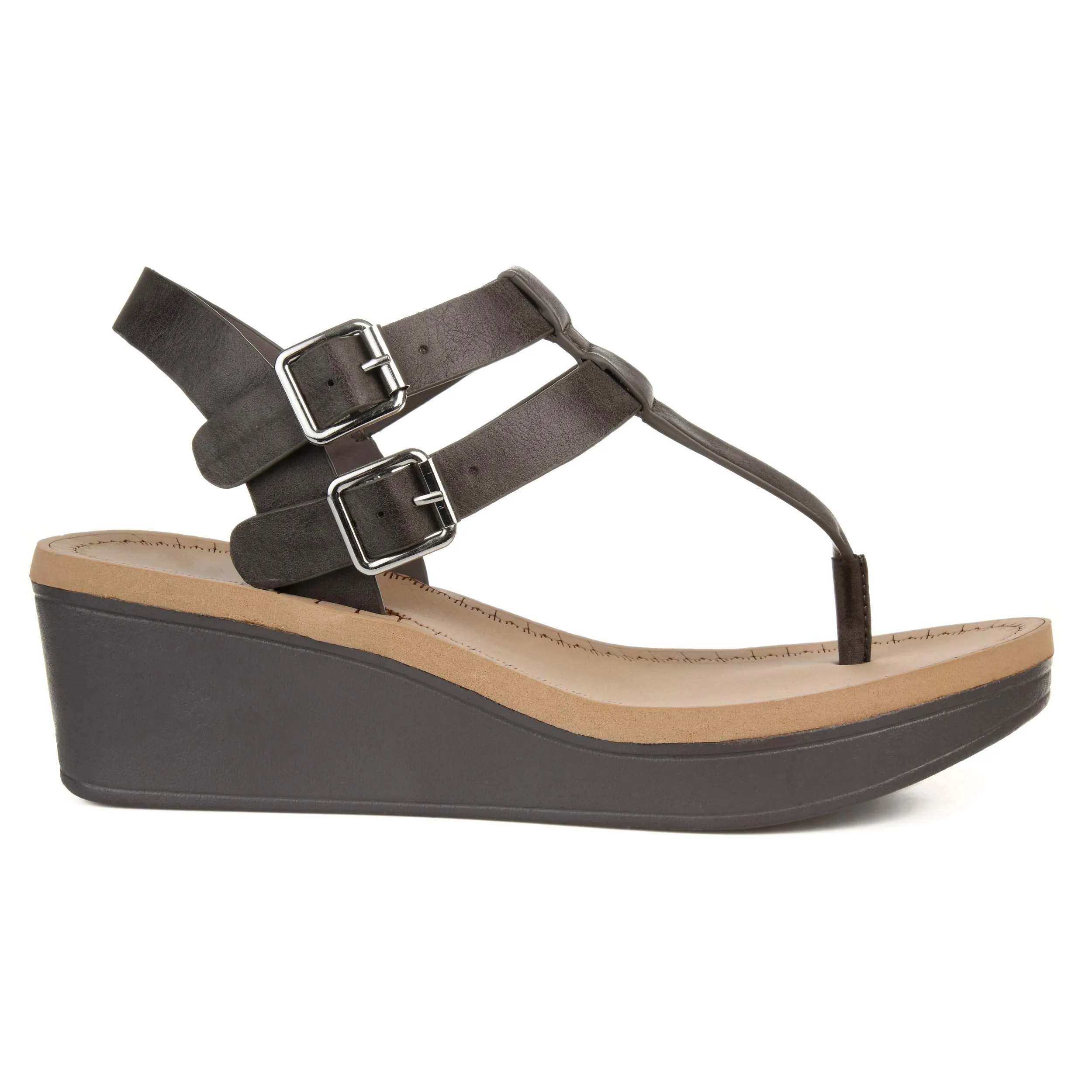 Brinley Co. Womens T-Strap Wedge Sandal Grey, 9 Regular US