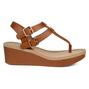 Brinley Co. Womens T-Strap Wedge Sandal Tan, 7 Regular US