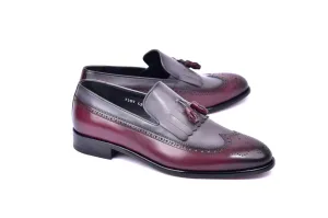 C00018 7397- Wingtip Kiltie Tassel Loafer- Burgundy/Grey