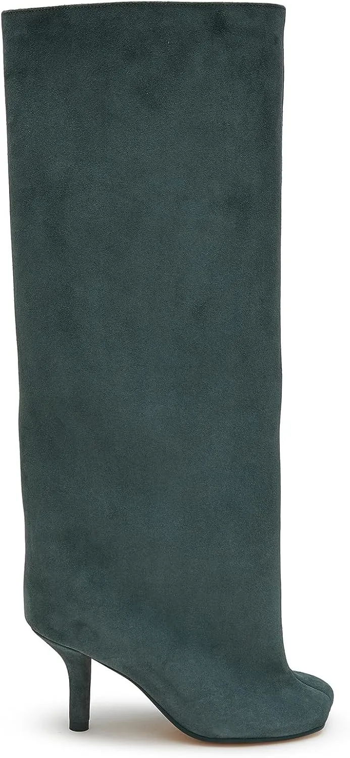 Camel Suede Knee High Boots for Women Slip On Heeled Boots Ladies Square Toe Wide Calf Stiletto High Heel Long Boots Pull On Dress Tall Boots Fall