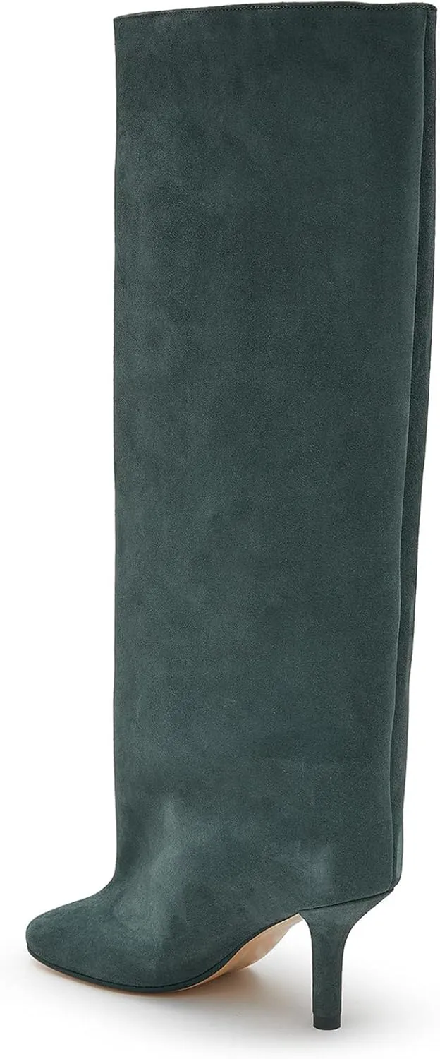 Camel Suede Knee High Boots for Women Slip On Heeled Boots Ladies Square Toe Wide Calf Stiletto High Heel Long Boots Pull On Dress Tall Boots Fall