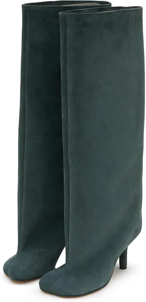Camel Suede Knee High Boots for Women Slip On Heeled Boots Ladies Square Toe Wide Calf Stiletto High Heel Long Boots Pull On Dress Tall Boots Fall
