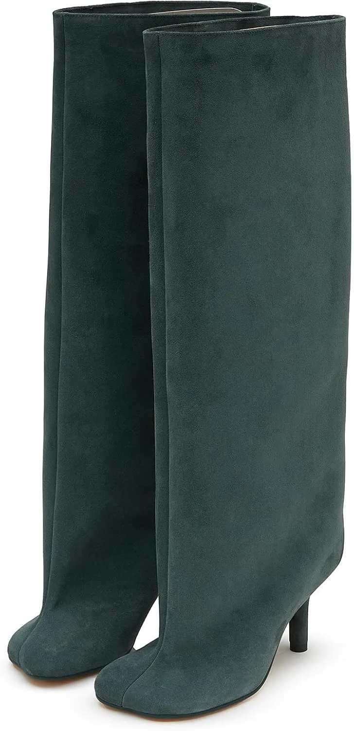 Camel Suede Knee High Boots for Women Slip On Heeled Boots Ladies Square Toe Wide Calf Stiletto High Heel Long Boots Pull On Dress Tall Boots Fall