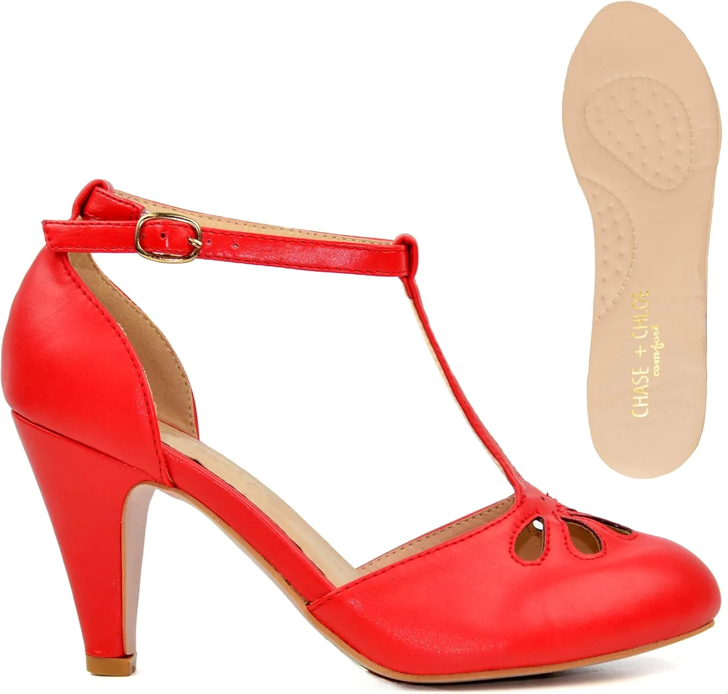 Chase & Chloe Women Mary Jane Oxford Pumps - Cute Low Kitten Heels - Retro Round Toe Shoe with Ankle Strap